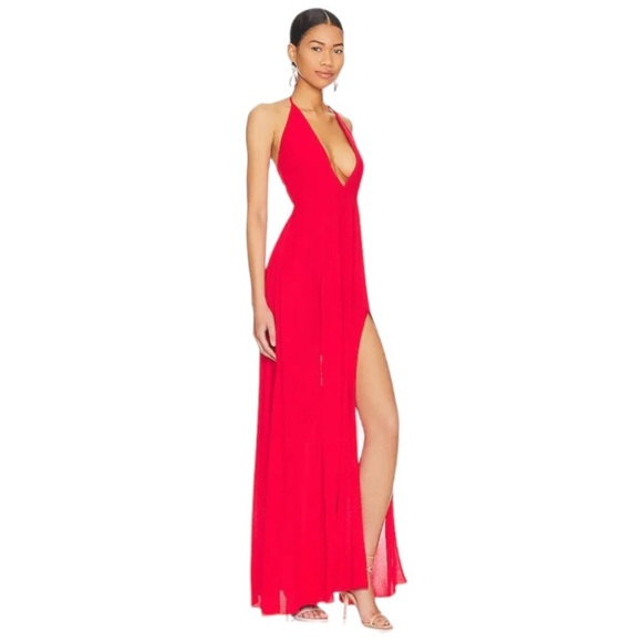 Superdown Red Halter Open Back Double Slit Maxi Long Dress NWOT Size Small - Picture 2 of 8